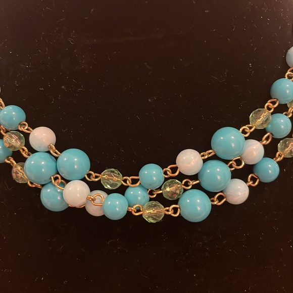 Vintage Gold Tone Turquoise Beaded Triple Layer Strand Choker Statement Necklace - Picture 2 of 3